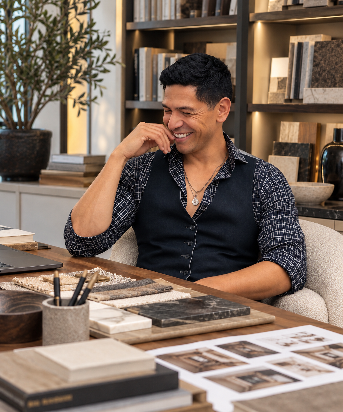 Cisco Morales seated at a materials desk in his design studio