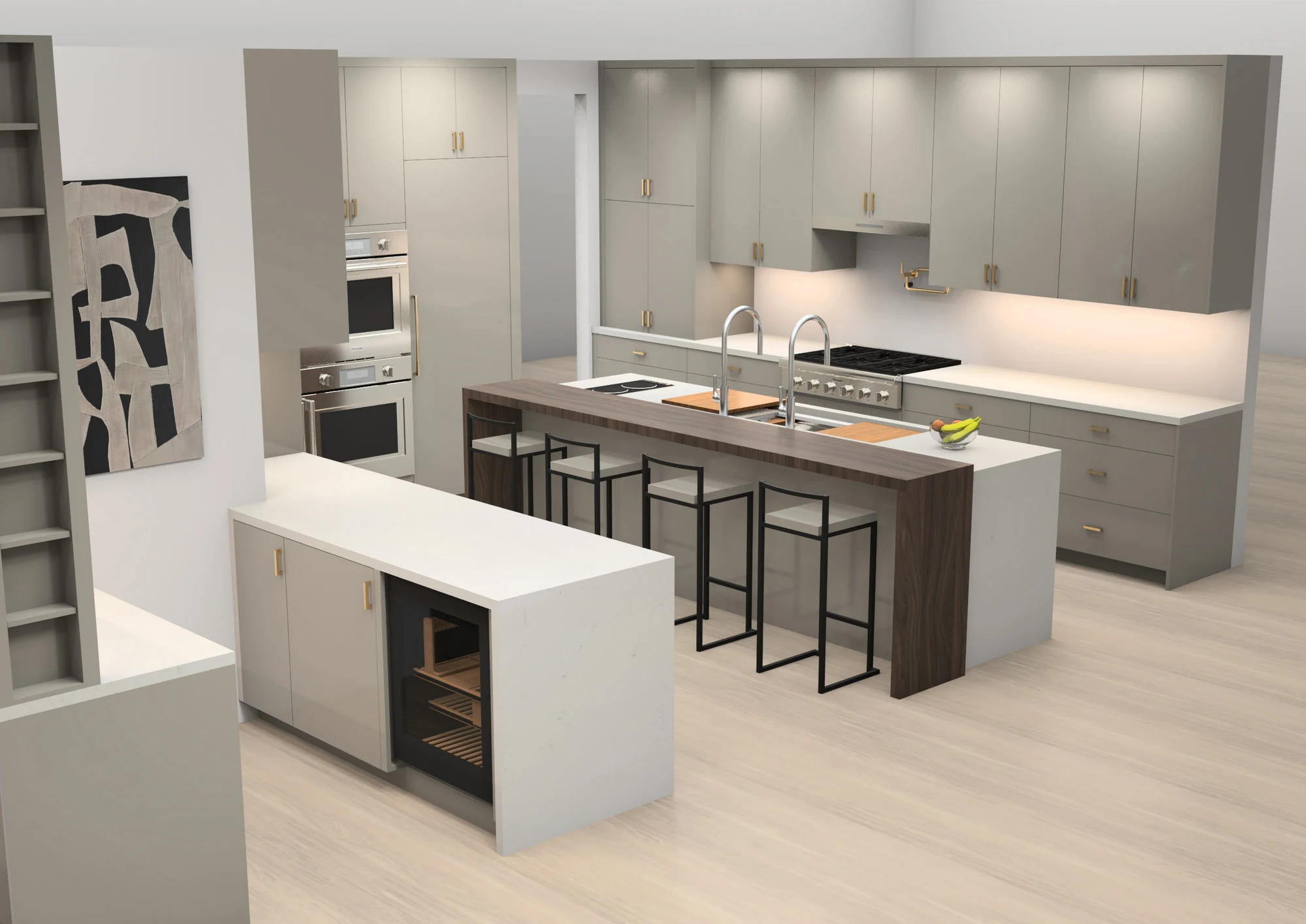 Design visualization of the wet bar and kitchen island
