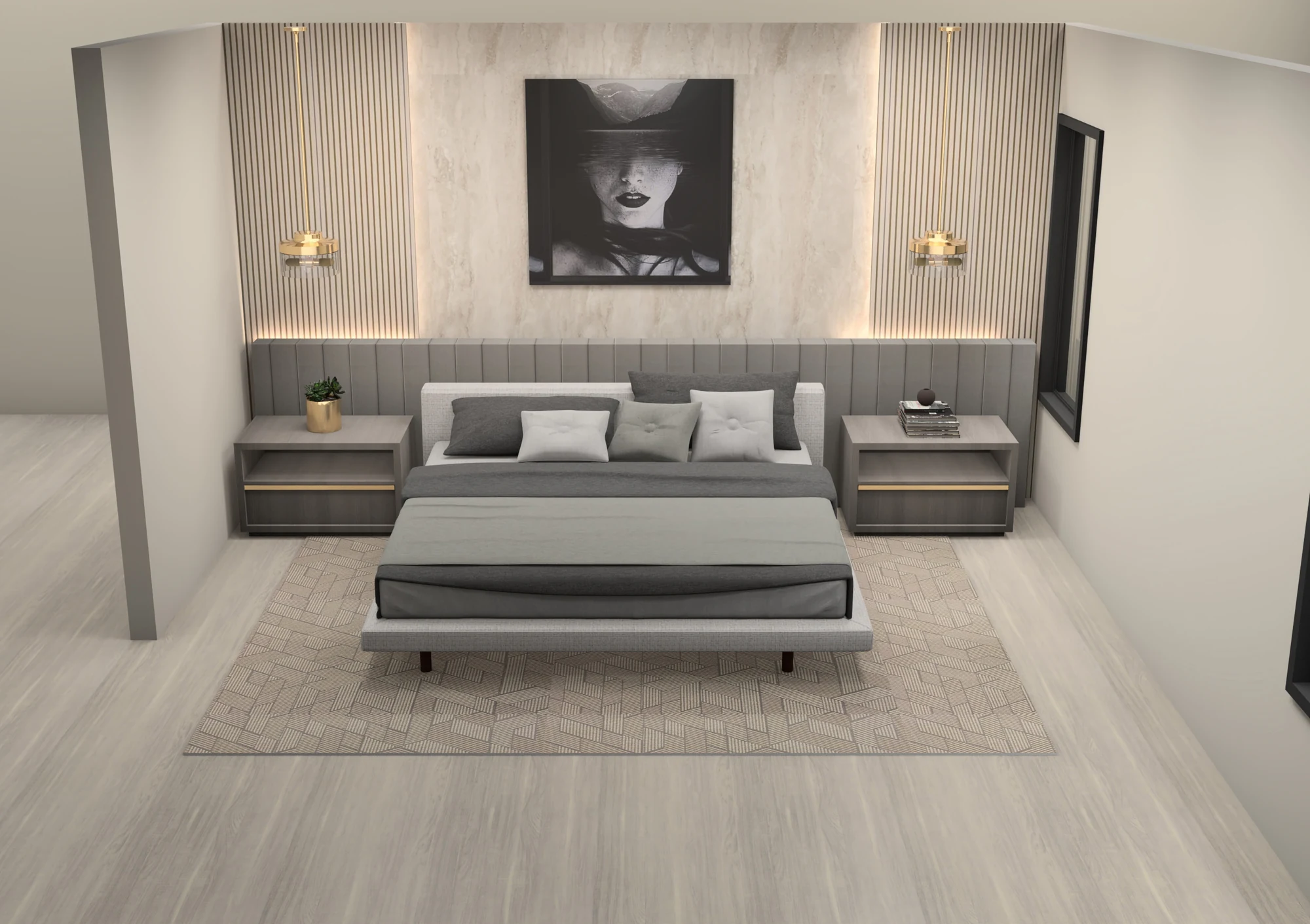 Design visualization of a bedroom with integrated headboard and bedside cabinetry