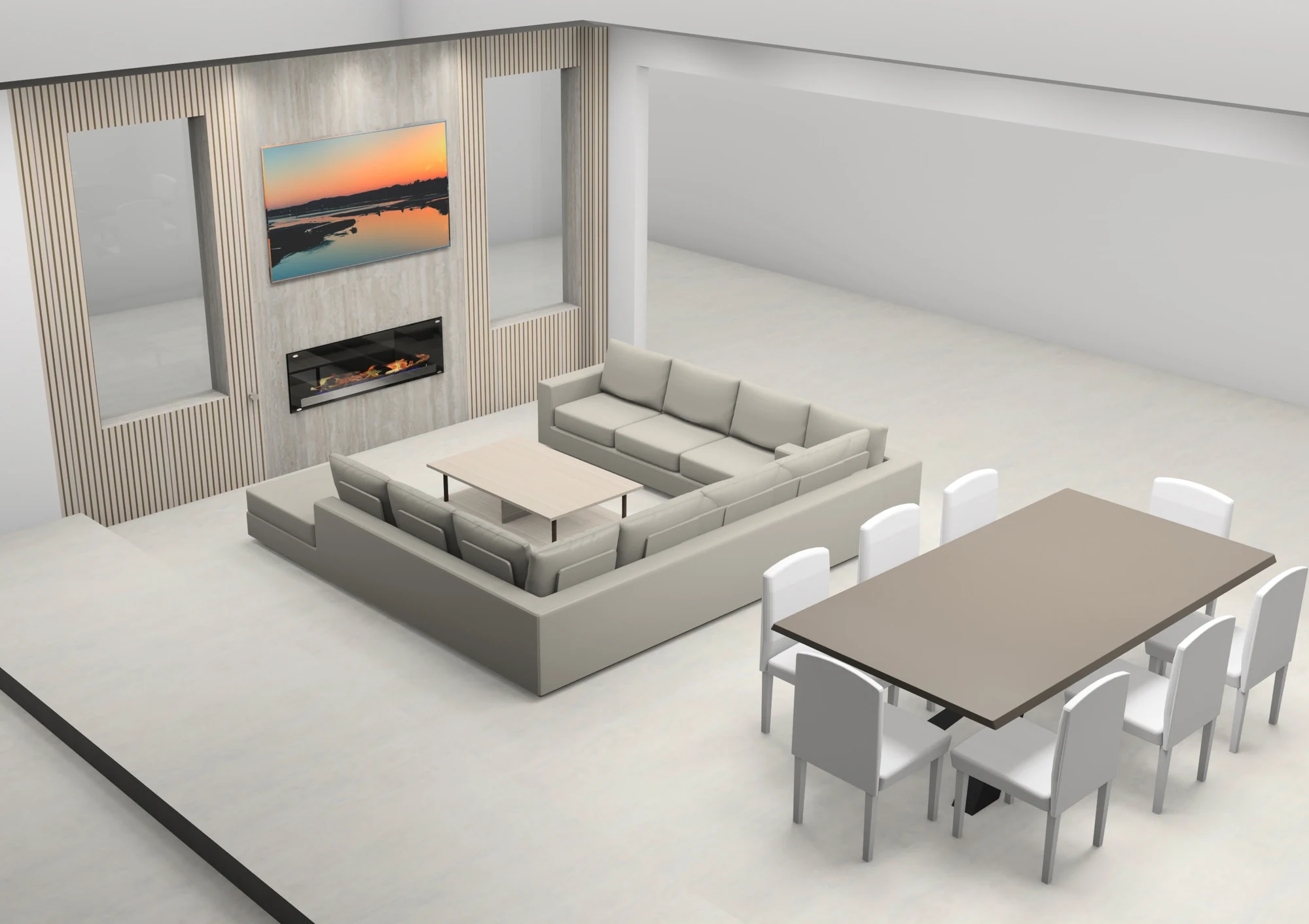 Design visualization of a slatted feature wall connecting dining and living spaces