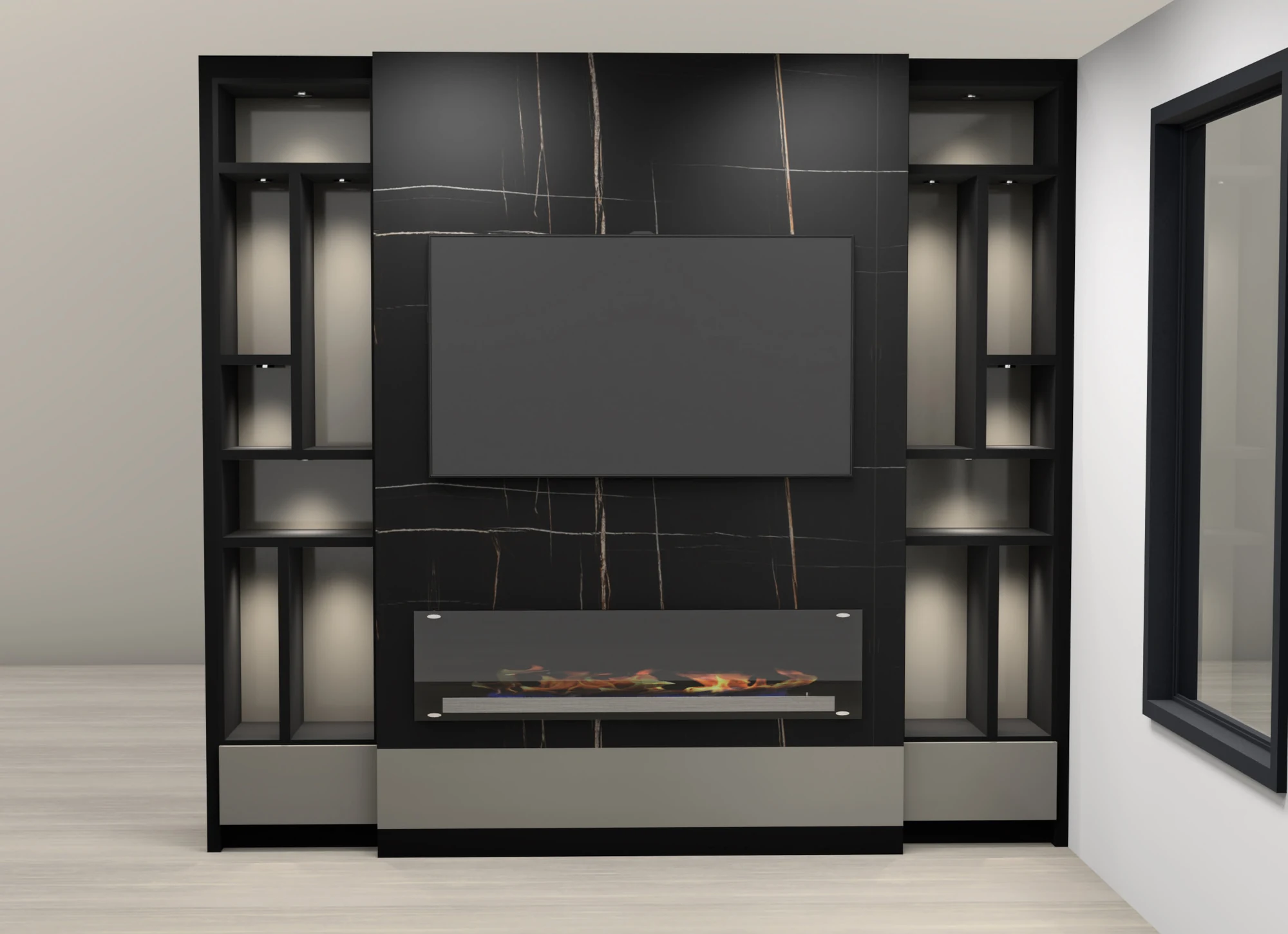 Design visualization of fireplace and media wall cabinetry