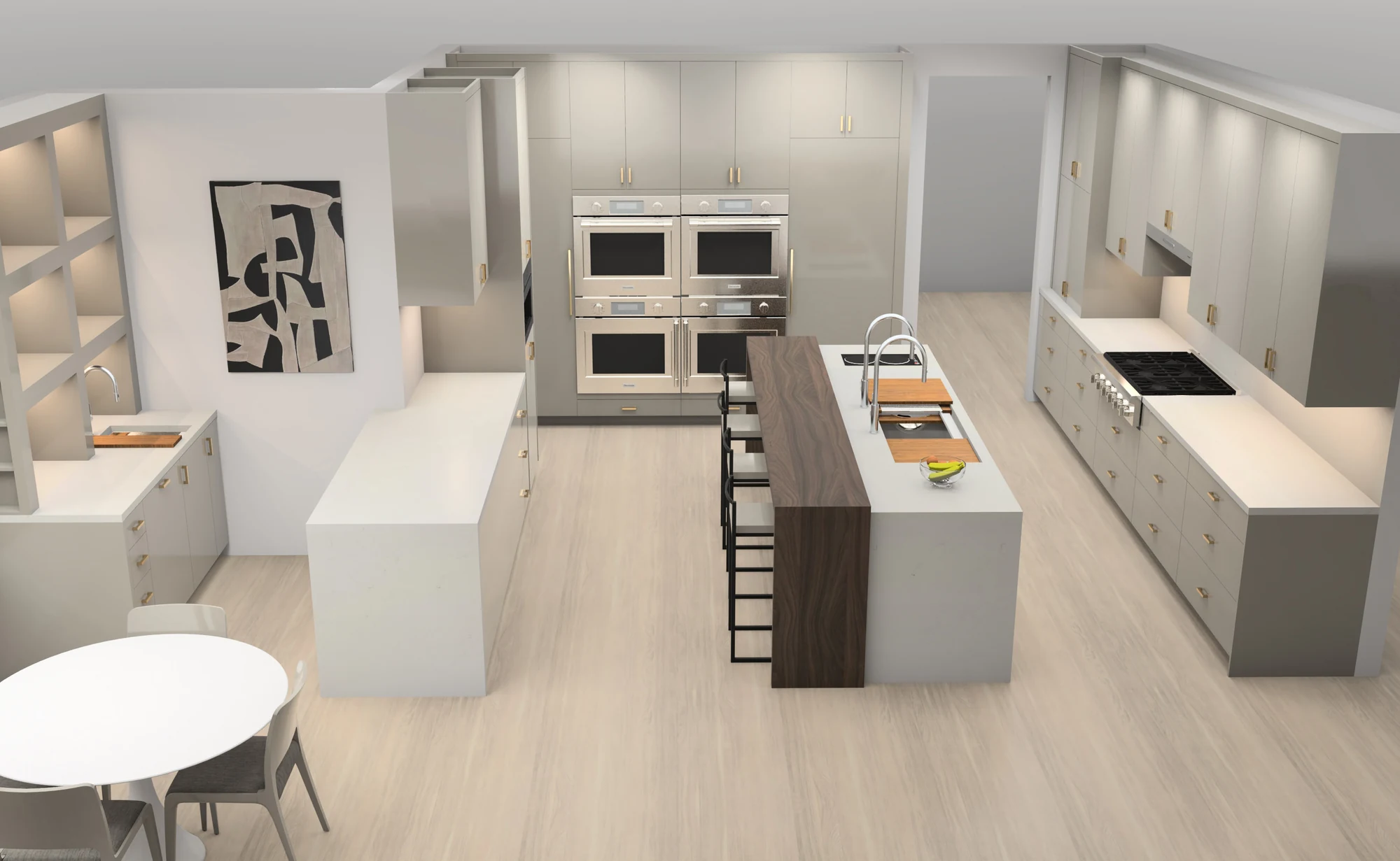 Design visualization of a kitchen with a central island and integrated cabinetry