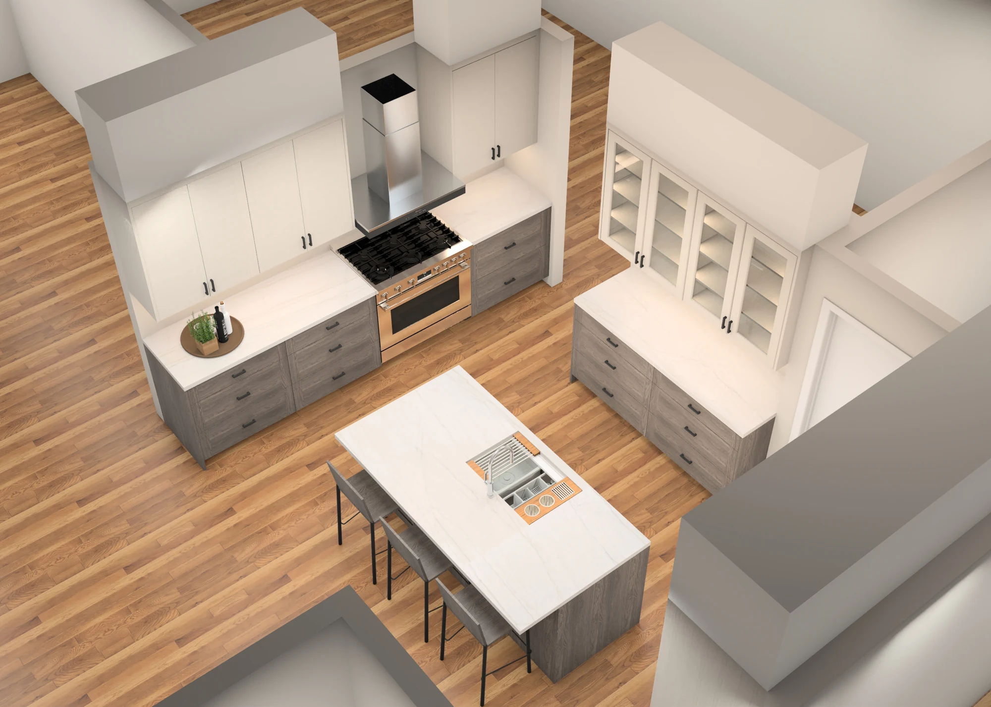 Design visualization looking across a kitchen island toward two cabinetry walls