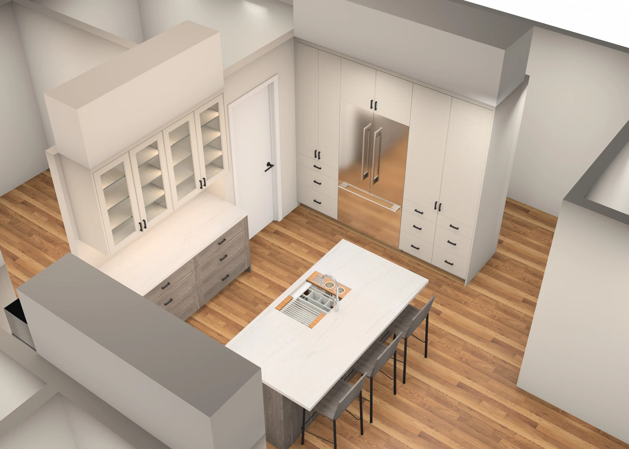 Design visualization of the kitchen storage wall, island and integrated refrigerator