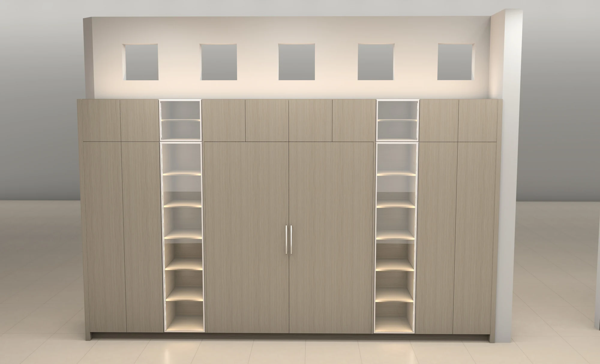 Design visualization of the full-height refrigerator and storage wall