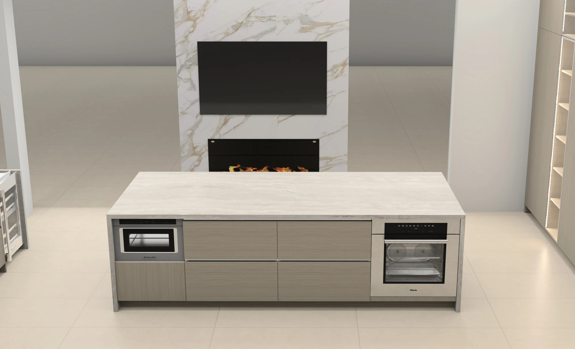 Design visualization of island cabinetry and integrated appliances