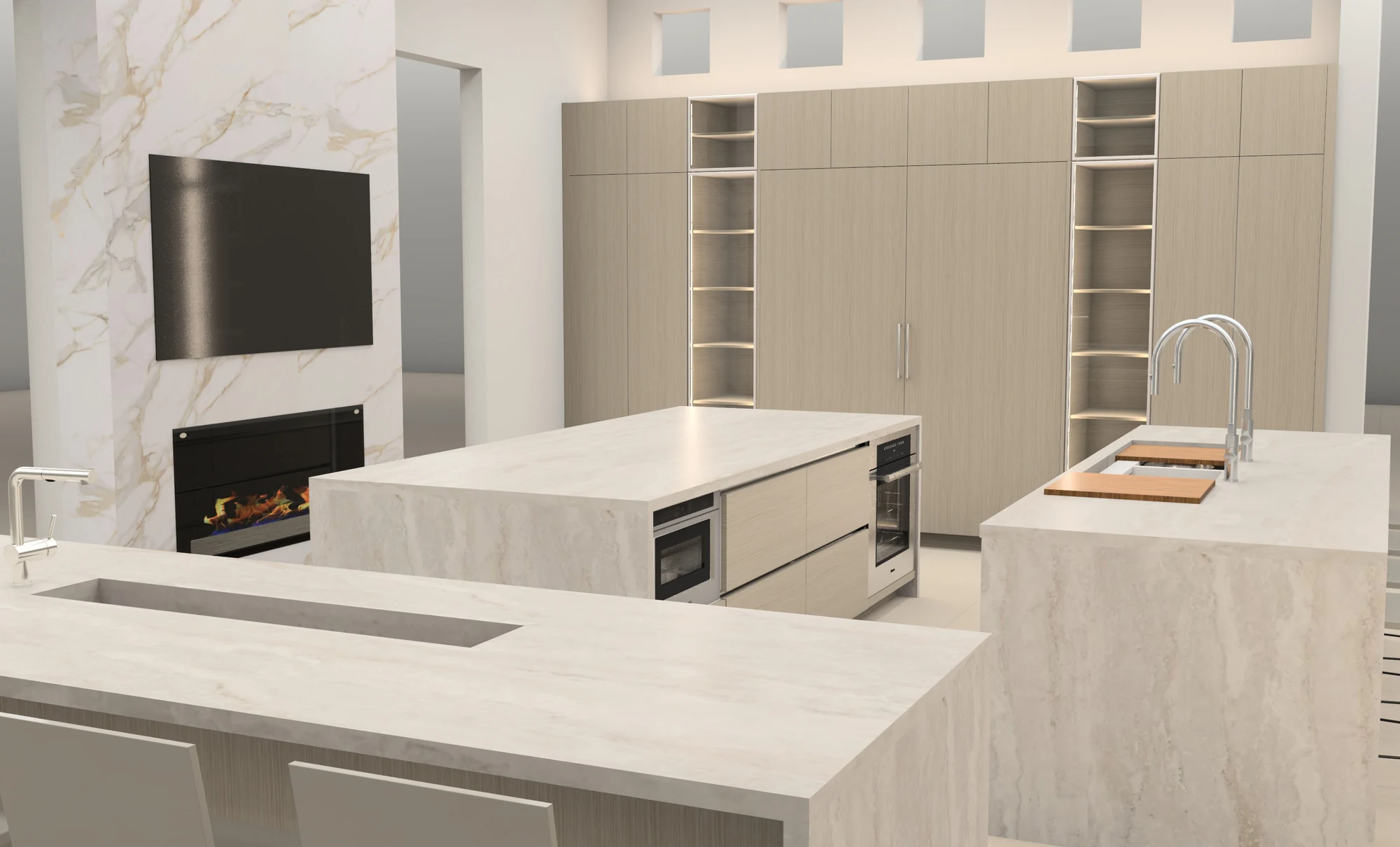 Design visualization across the kitchen islands toward the fireplace
