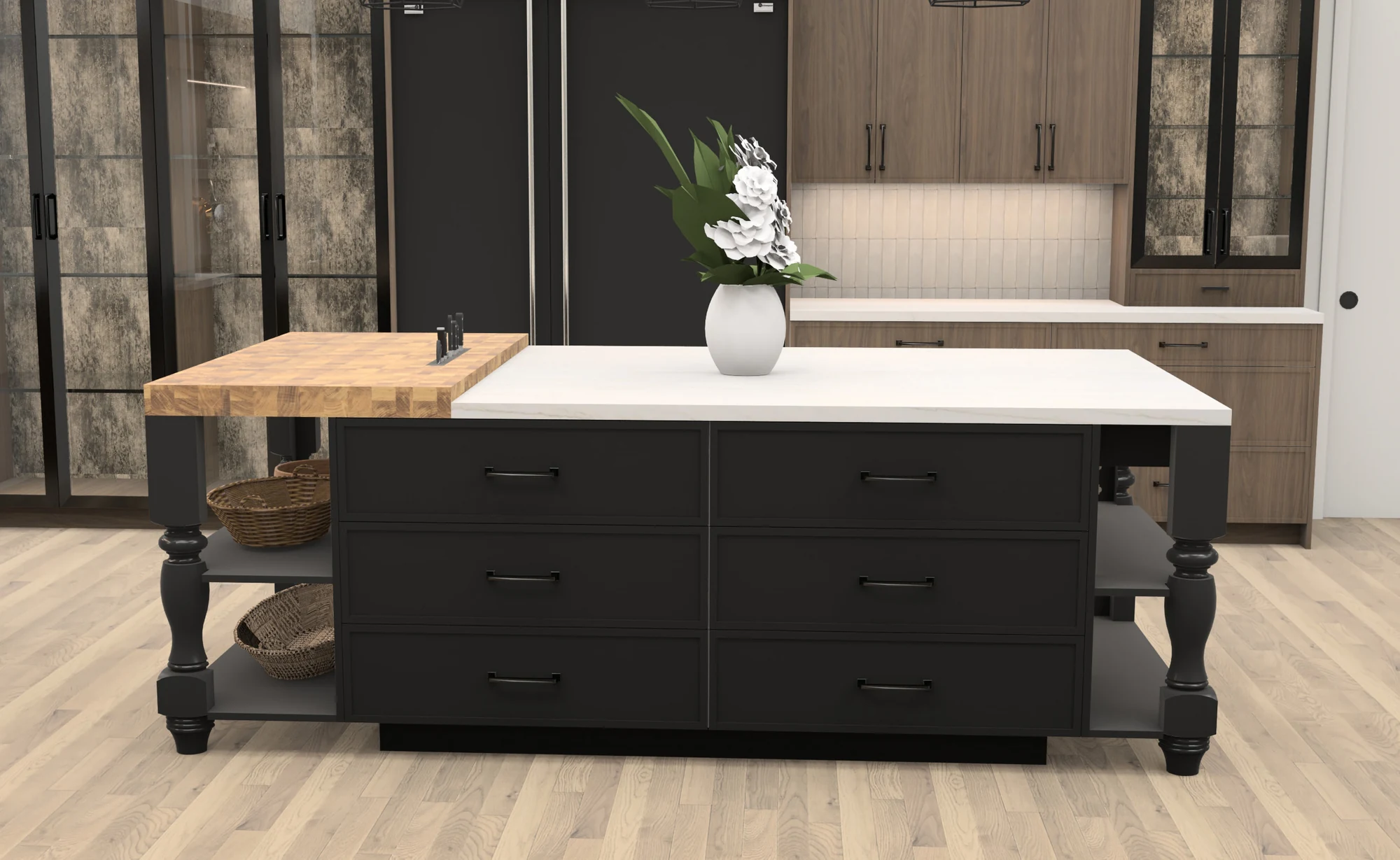 Design visualization of the dark island with a timber work surface