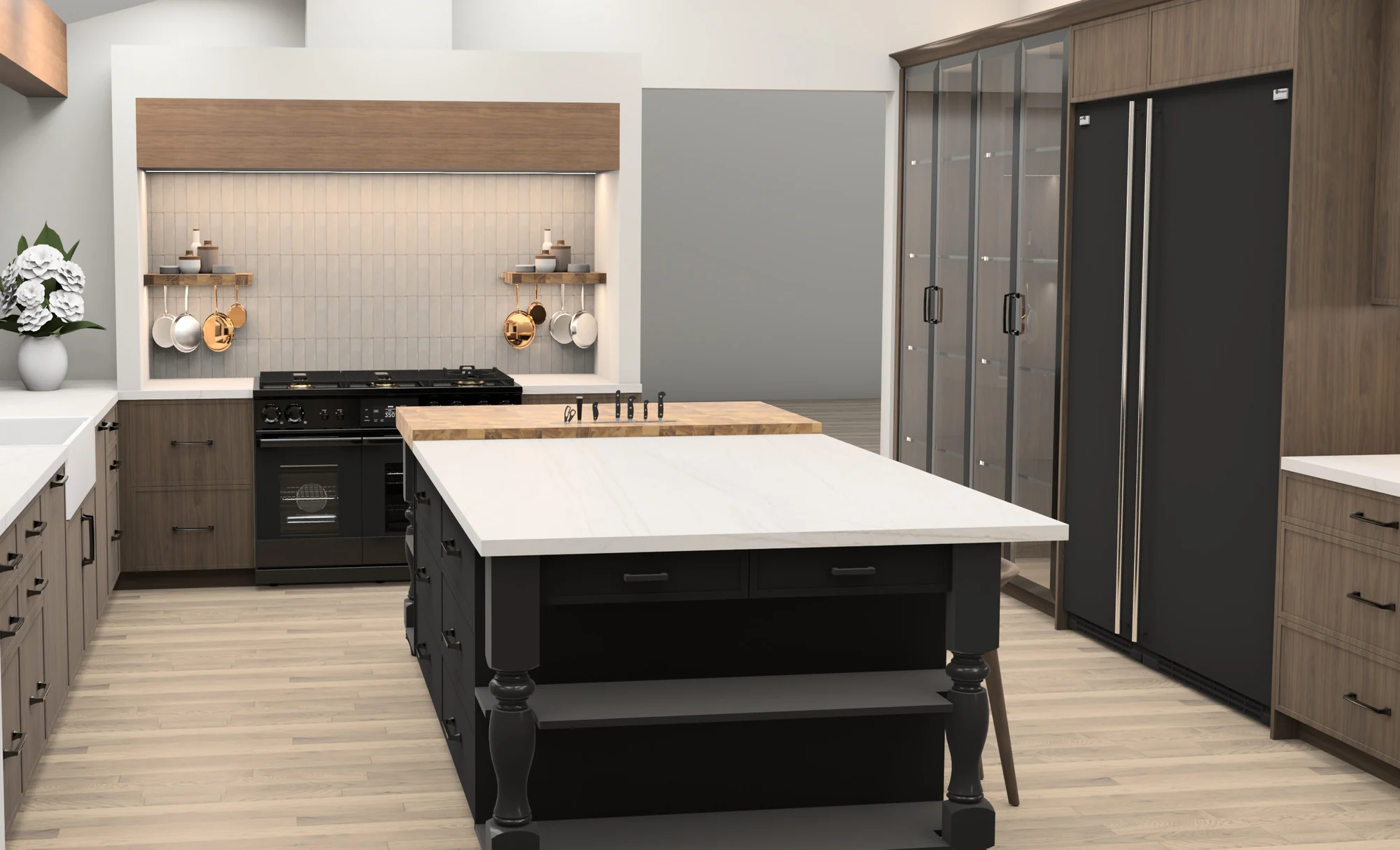 Design visualization of a kitchen with timber cabinetry and a dark freestanding-style island