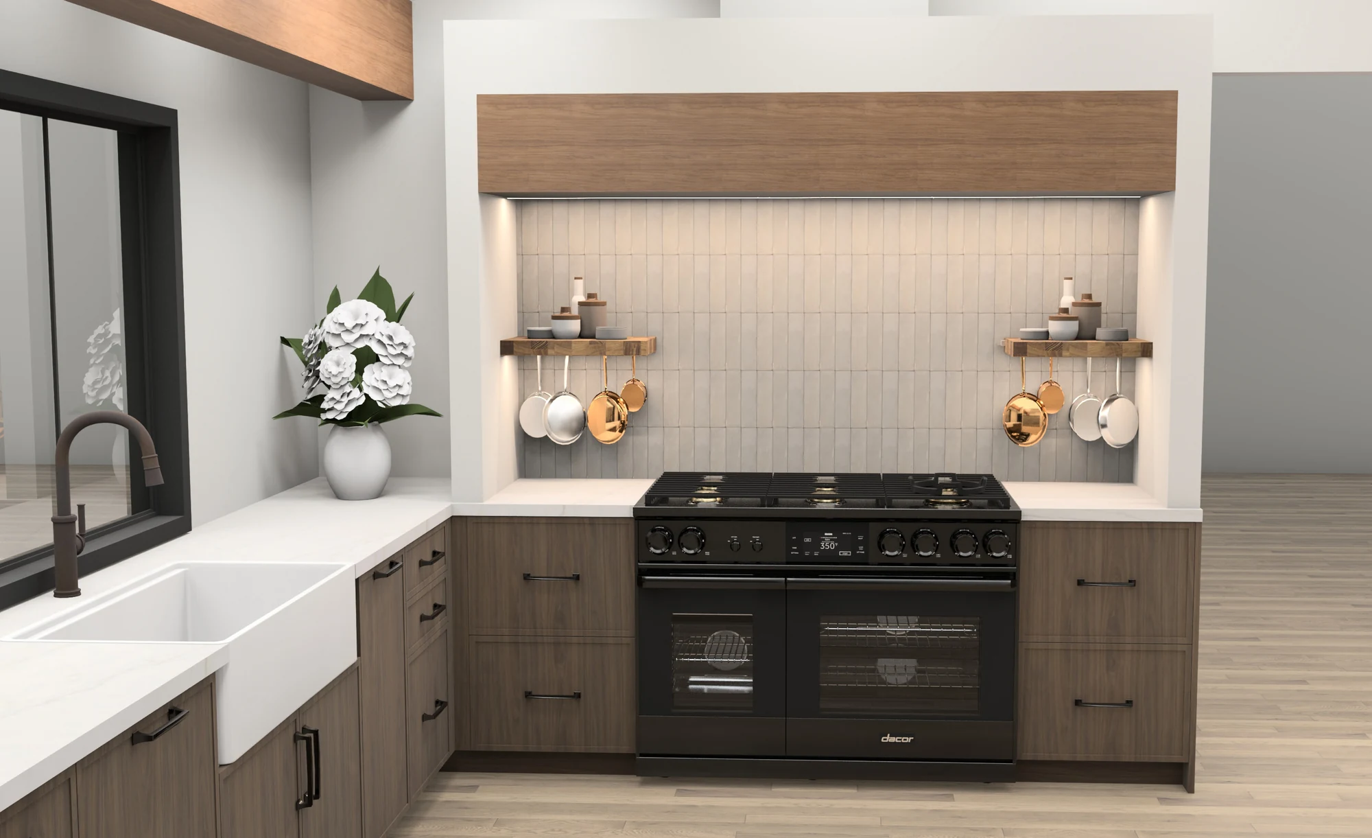 Design visualization of a dark range beneath a timber-trimmed hood