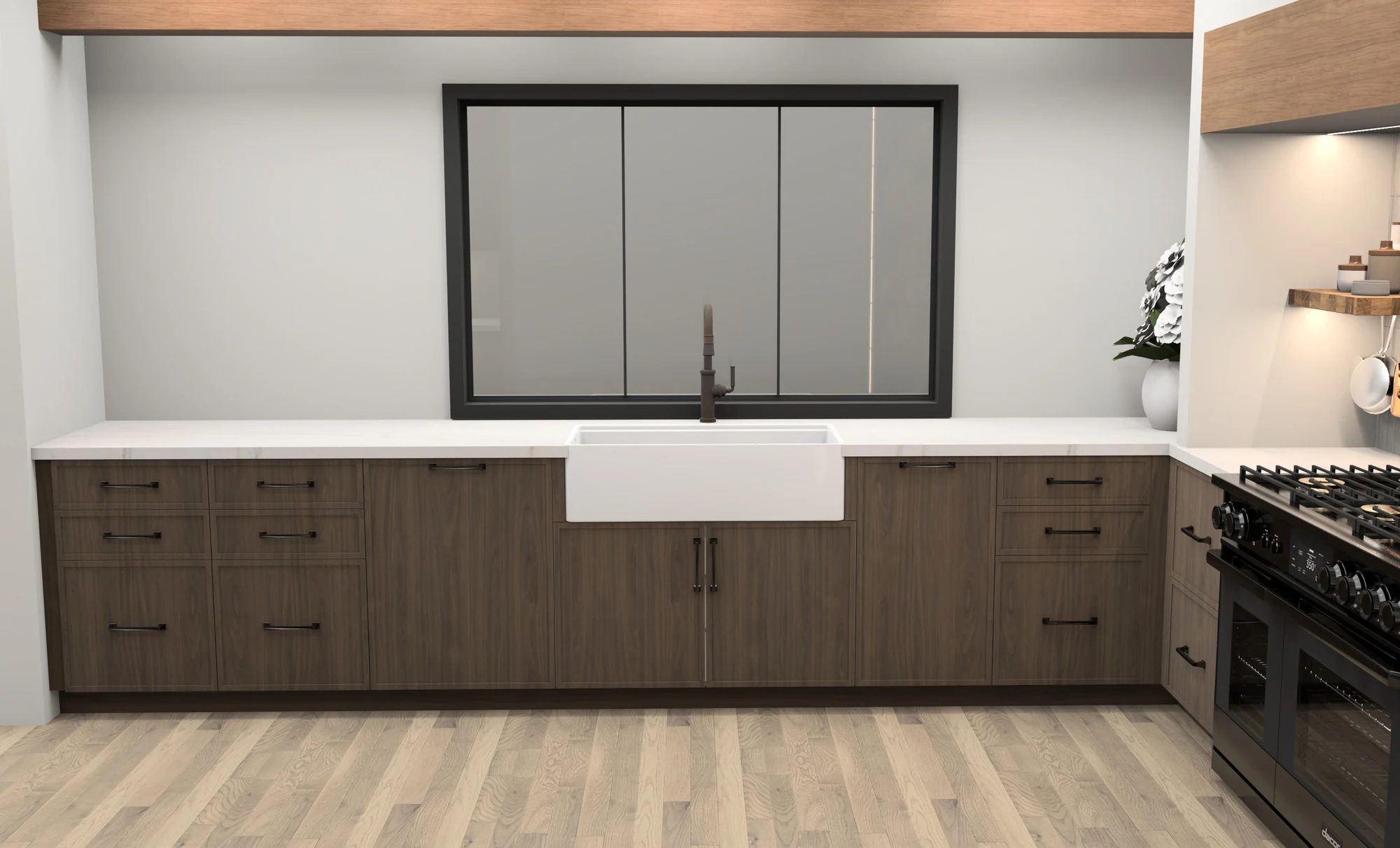 Design visualization of timber cabinetry beneath the kitchen window