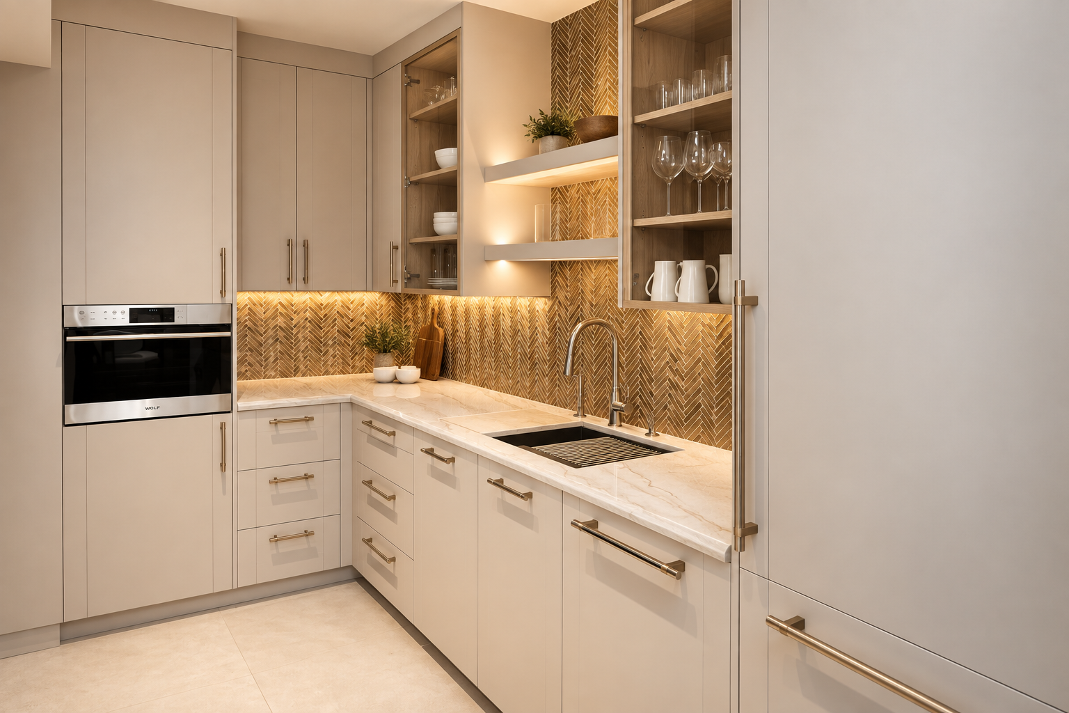 Solana Beach showroom kitchen with cabinetry, patterned backsplash, stone countertop and sink