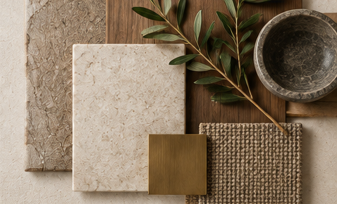 Material study with stone, timber, brass and woven samples
